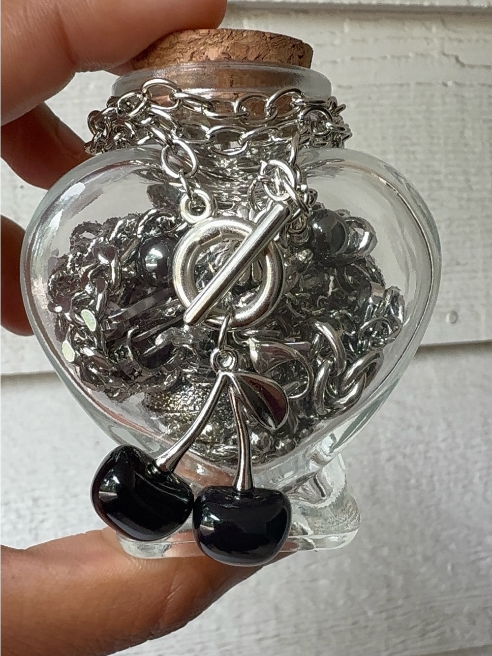 Silver Cherry Pendant Necklace with Black Cherry Accents